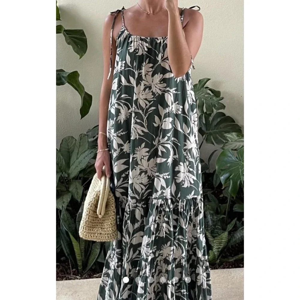 Abercrombie & Fitch Green Floral Tiered Maxi Dress Tie Shoulder Small NWT